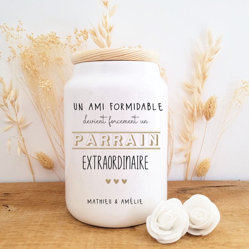 Pot à biscuits en céramique personnalisé un ami formidable devient forcément un parrain extraordinaire - Sweet Chic Accessoires