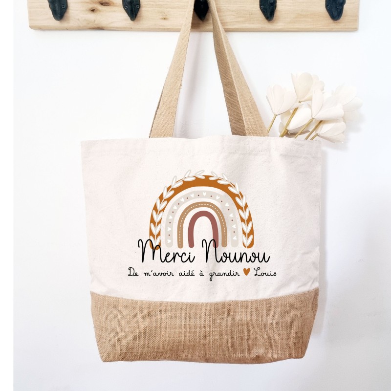 Cabas jute personnalisé merci nounou- cabas arc en ciel - nounou
