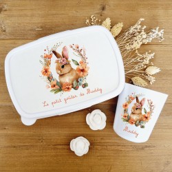 Set boite à goûter et gobelet personnalisable motif lapin et couronne de fleurs orange - Sweet Chic Accessoires