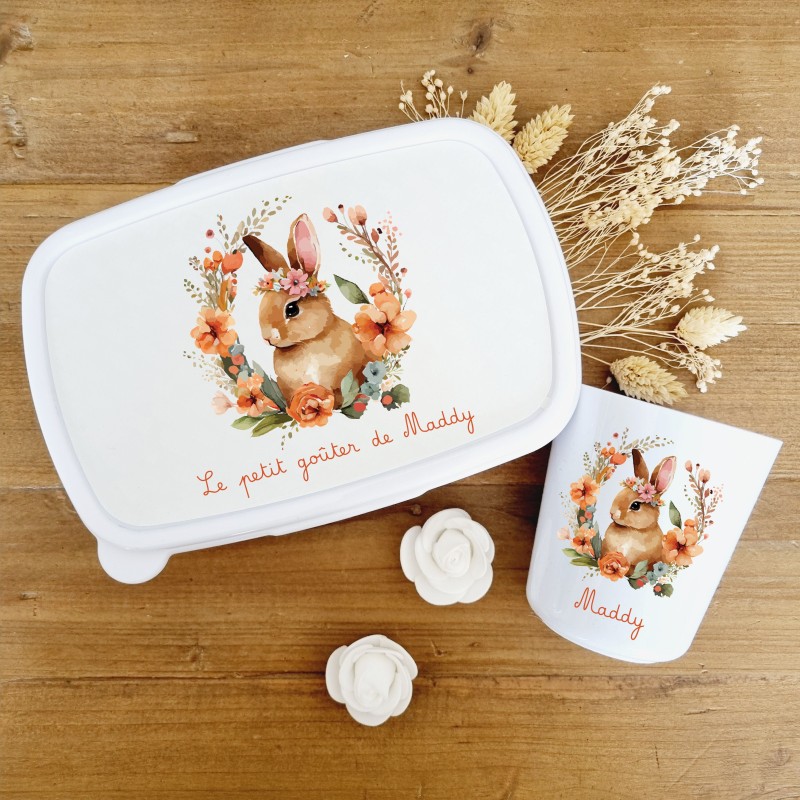 Set boite à goûter et gobelet personnalisable motif lapin et couronne de fleurs orange - Sweet Chic Accessoires