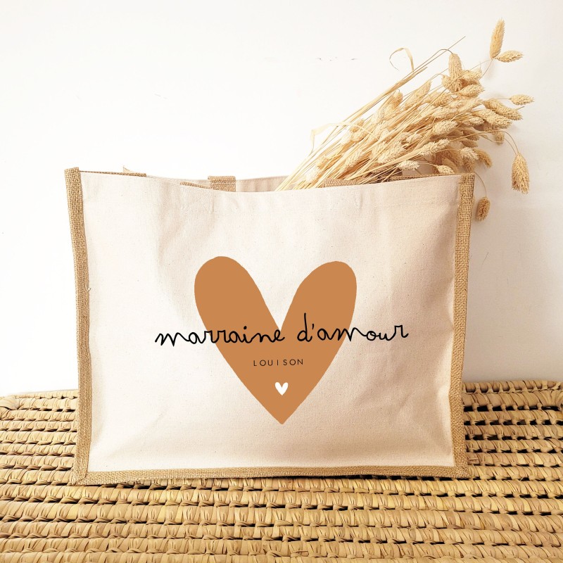 Cabas rectangulaire Marraine d’amour personnalisé – Sac en toile de jute et coton