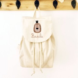 Sac à dos écru personnalisé en coton bio pour enfant motif lion couronné– Sweet Chic Accessoires