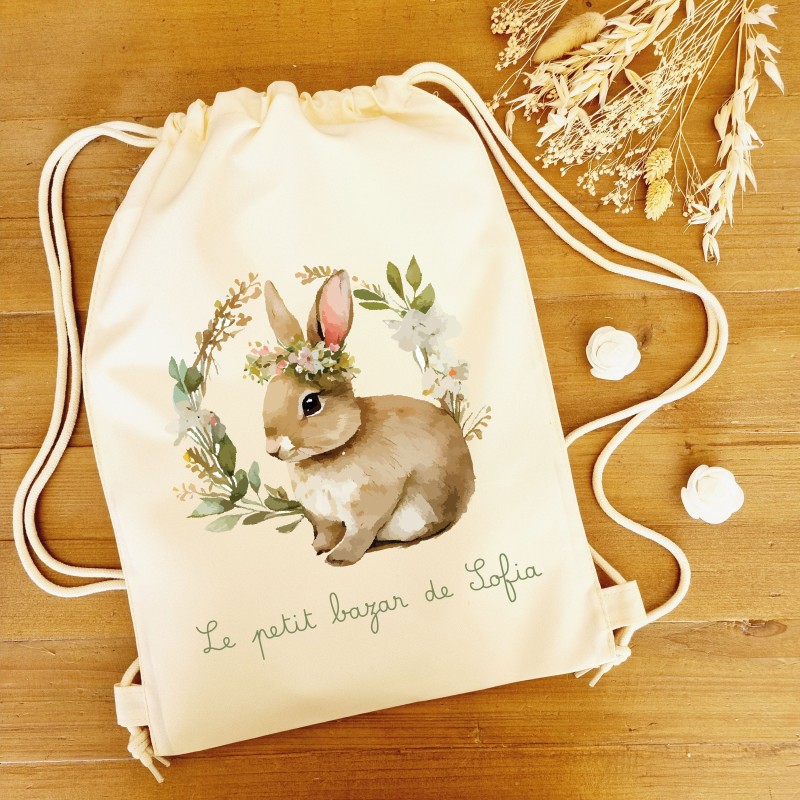 Sac à dos polyester écru motif lapin et couronne de fleurs verte - Sweet Chic Accessoires