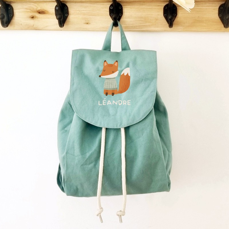 Sac à dos vert sauge personnalisé en coton bio pour enfant motif renard roux Léandre– Sweet Chic Accessoires