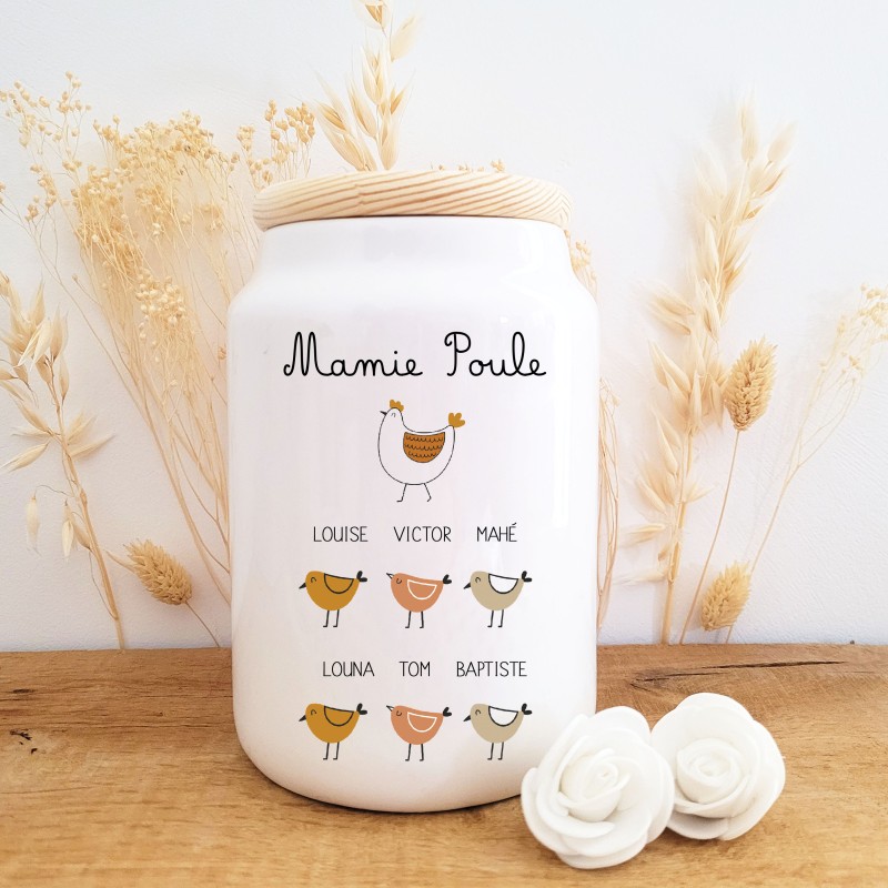 Pot à biscuits personnalisable – Mamie Poule et ses petits poussins