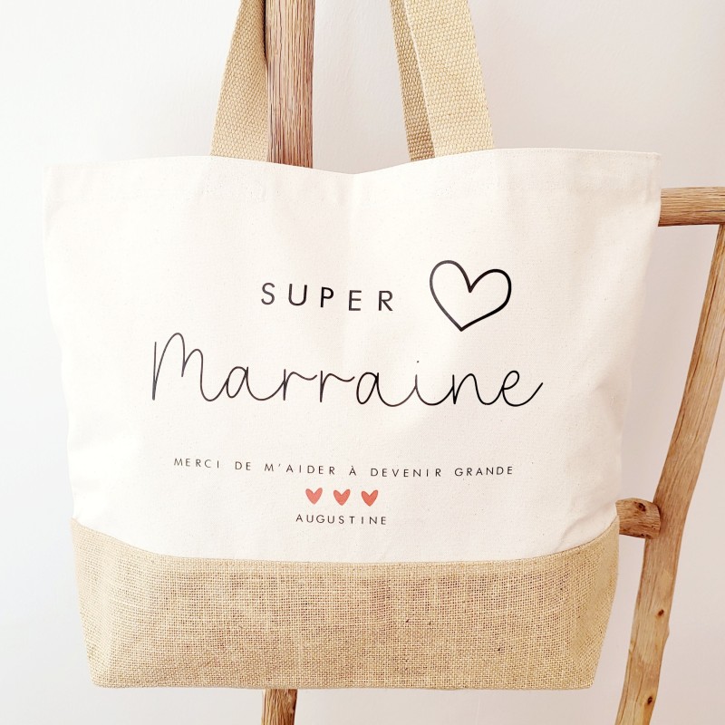 Cabas coton et jute personnalisable super marraine cœur - Sweet Chic Accessoires