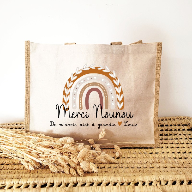 Cabas rectangulaire coton et jute personnalisable  motif arc-en ciel Merci Nounou - Sweet Chic Accessoires