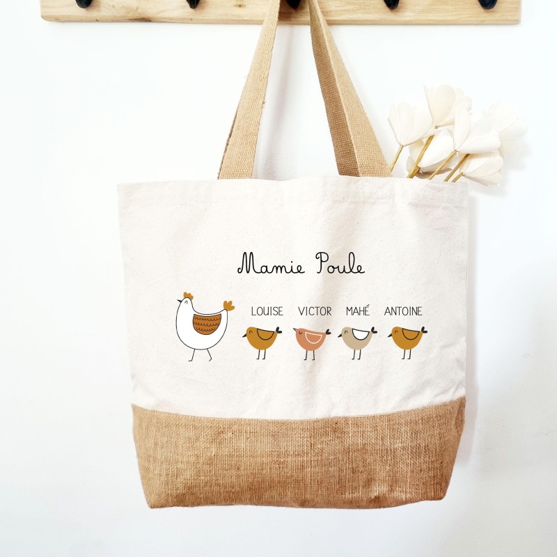 Cabas coton et toile de jute personnalisé Mamie Poule et poussins - Sweet Chic Accessoires