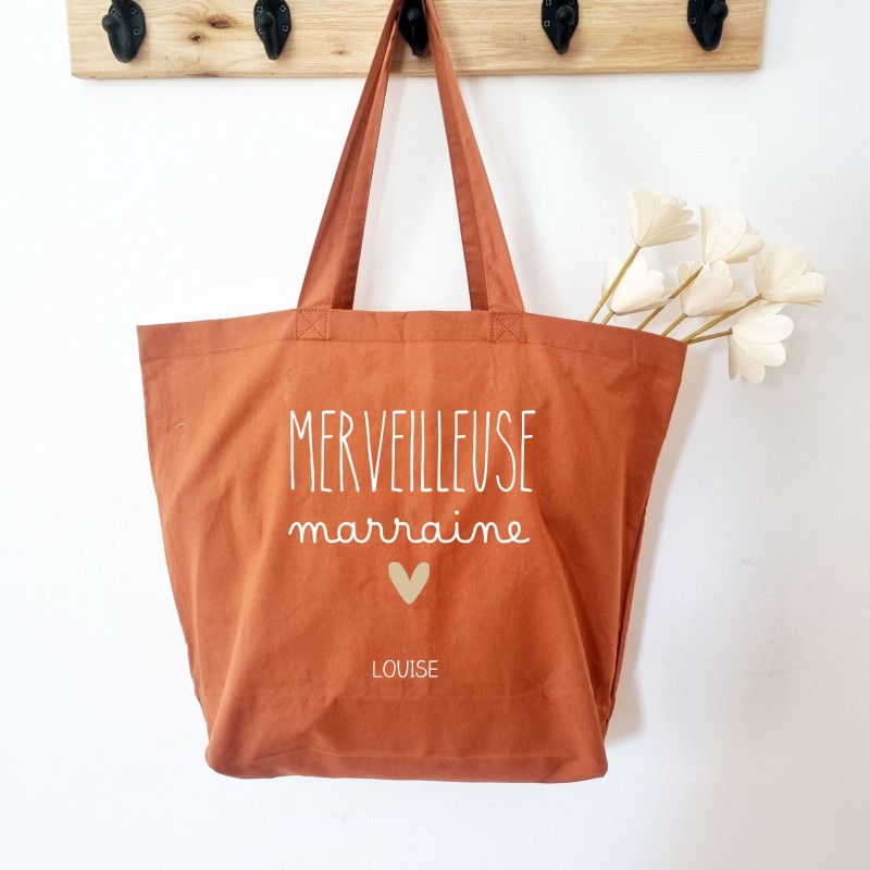 Tote bag personnalisé modèle merveilleuse marraine coloris terracotta - Sweet Chic Accessoires