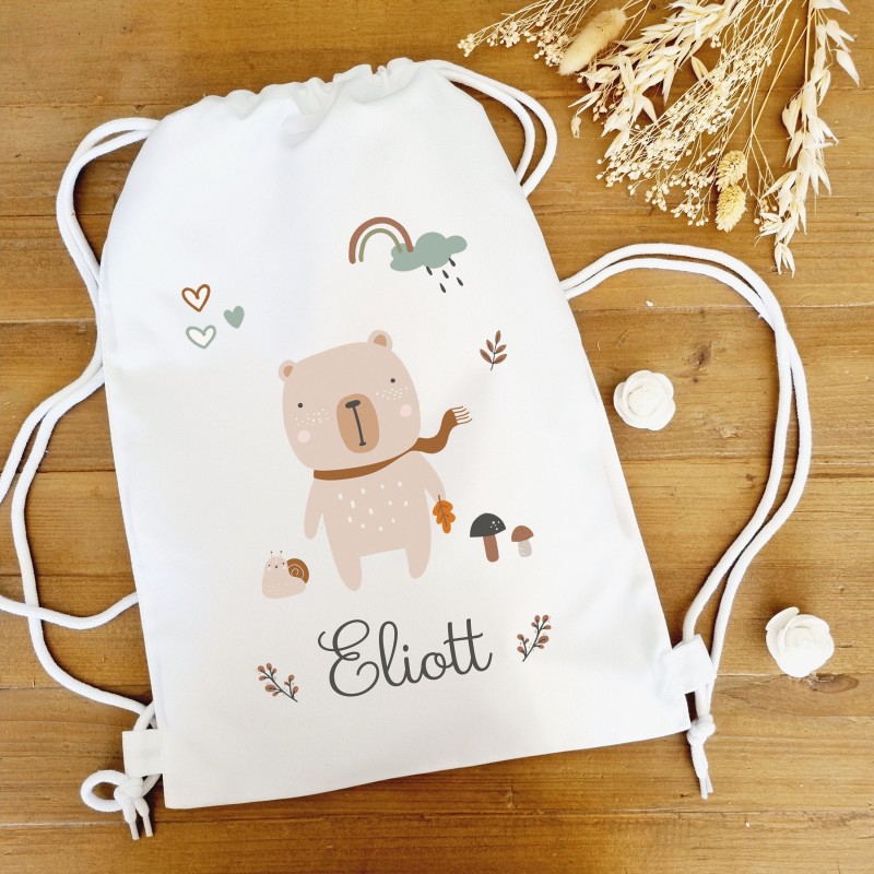 Sac à dos polyester blanc motif ourson et escargot - Sweet Chic Accessoires