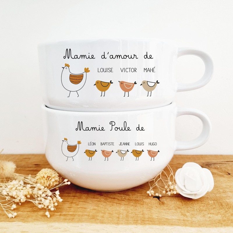 Bols à anse en céramique personnalisé mamie poule et ses poussins - texte mamie poule ou mamie d'amour - Sweet Chic Accessoires