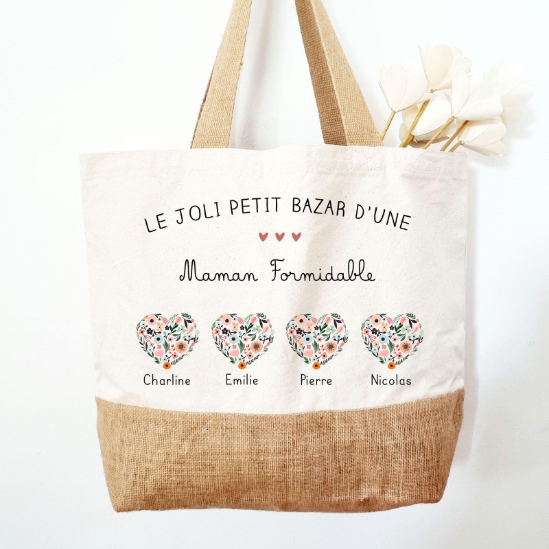 Cabas coton et jute personnalisé - Le joli petit bazar d'une Maman/Mamie formidable