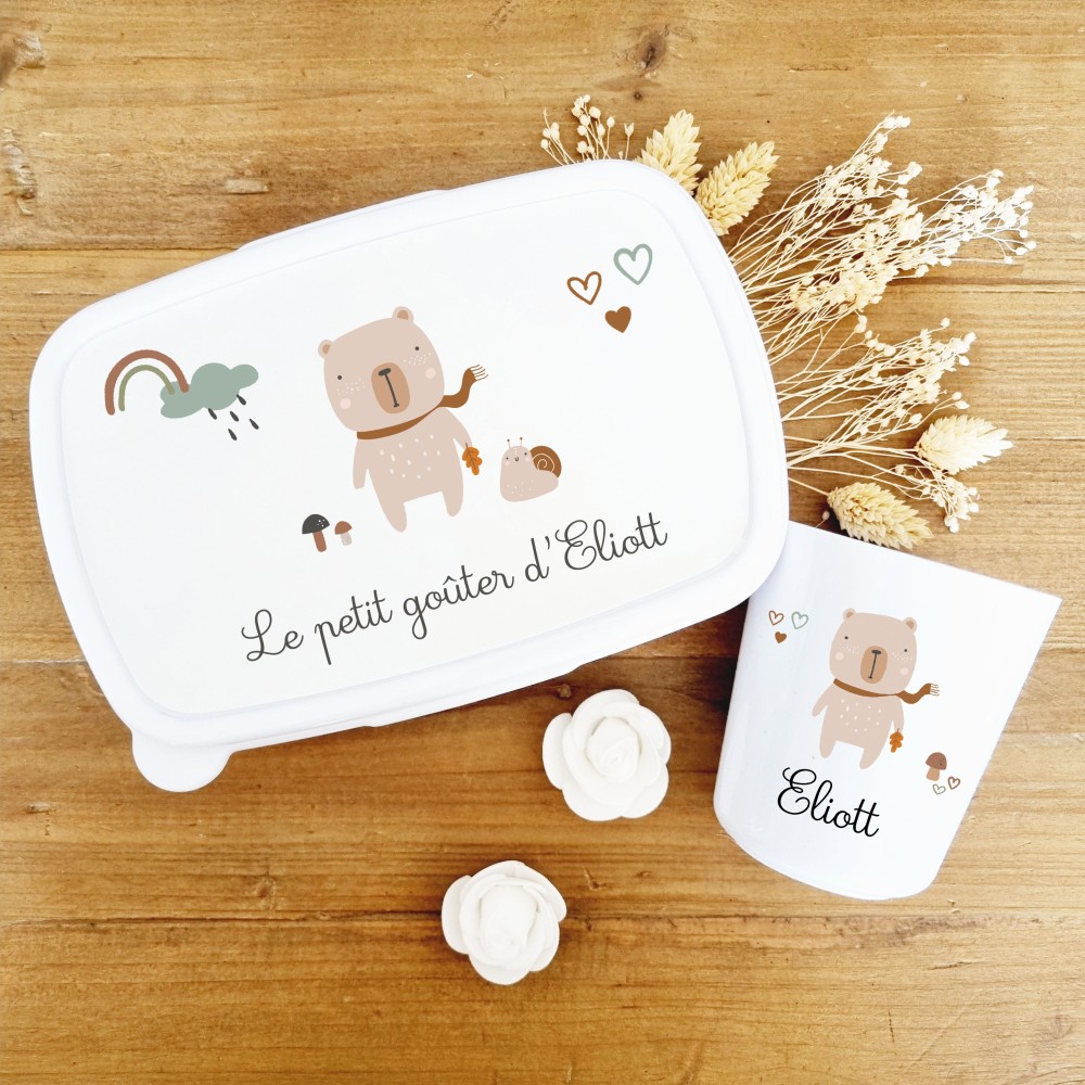 Set boite à goûter et gobelet personnalisable motif ourson Eliott - Sweet Chic Accessoires