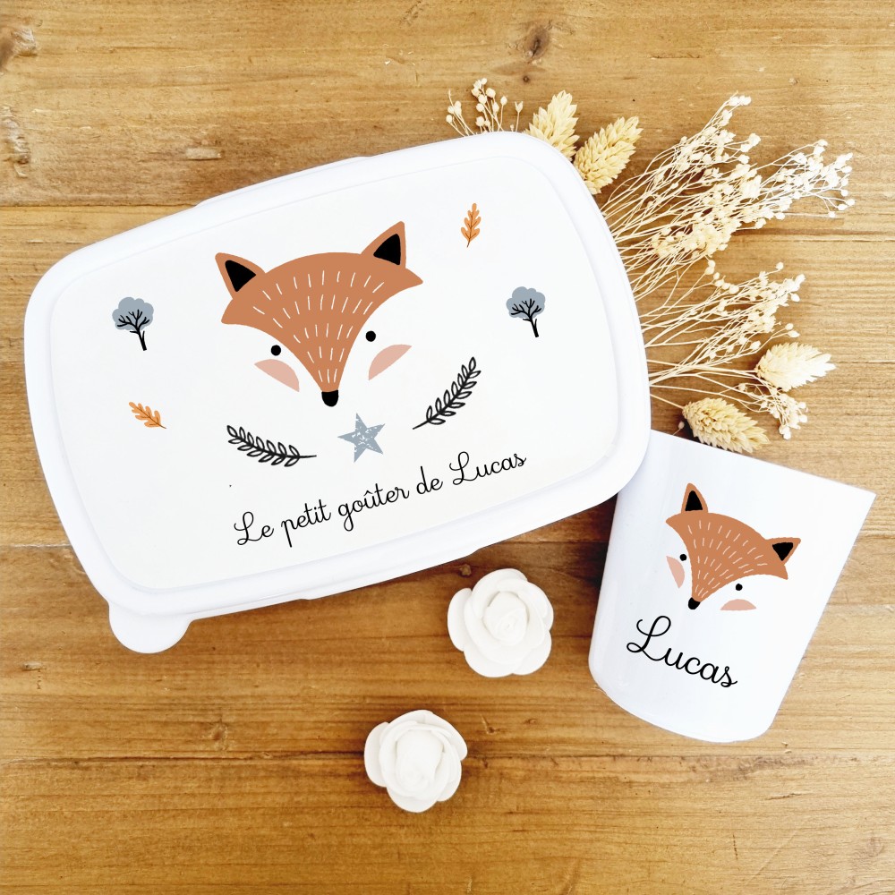 Set boite à goûter et gobelet personnalisable motif renard Lucas - Sweet Chic Accessoires