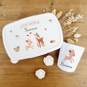 Set boite à goûter et gobelet personnalisable motif biche et faon Romane - Sweet Chic Accessoires