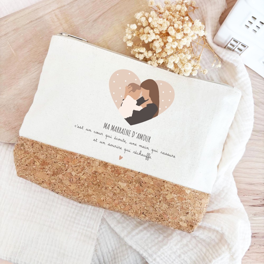 Trousse “Ma marraine d’amour” – Cadeau personnalisé en liège et coton