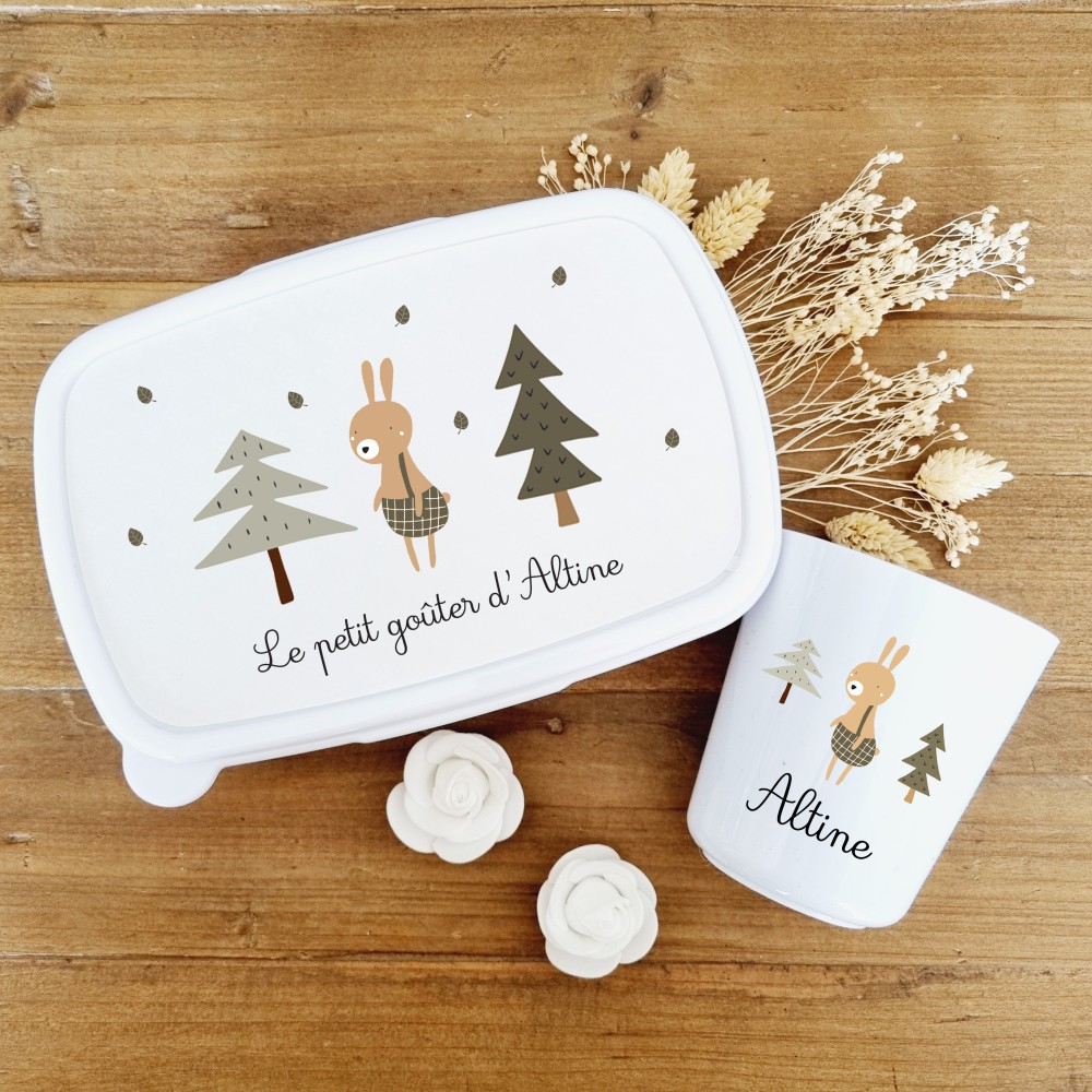 Set boite à goûter et gobelet personnalisable motif lapin des bois - Sweet Chic Accessoires