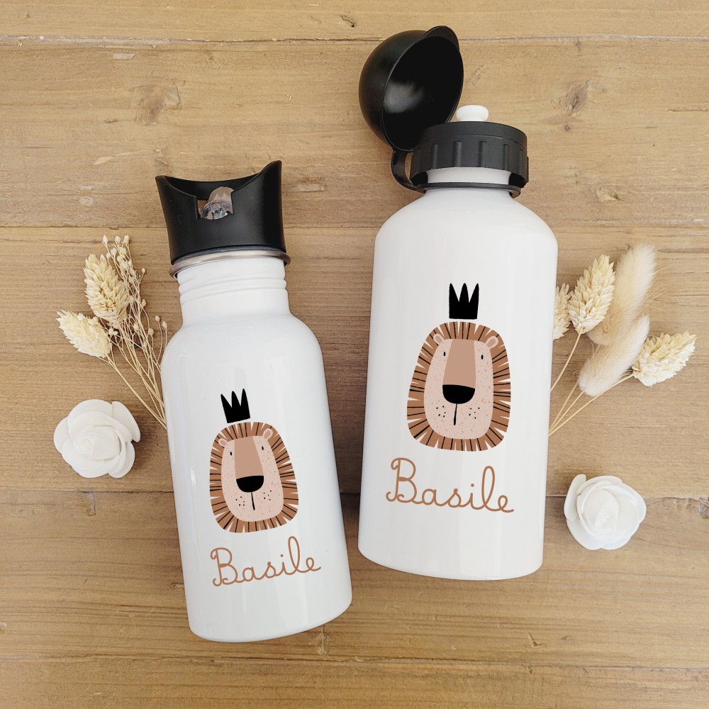 Gourde personnalisable bouchon sport ou paille intégrée motif lion couronné - Sweet Chic Accessoires