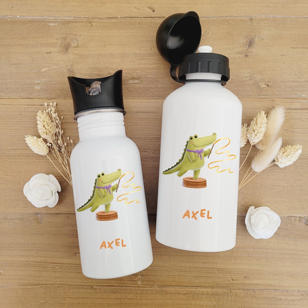 Gourde personnalisable bouchon sport ou paille intégrée motif croco et ruban - Sweet Chic Accessoires