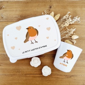 Set boite à goûter et gobelet personnalisable motif  oiseau Ambre - Sweet Chic Accessoires