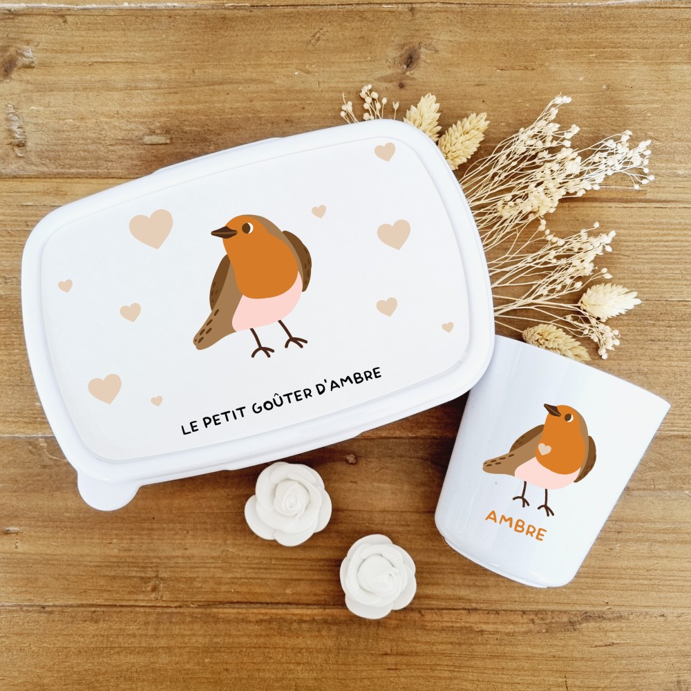 Set boite à goûter et gobelet personnalisable motif  oiseau Ambre - Sweet Chic Accessoires