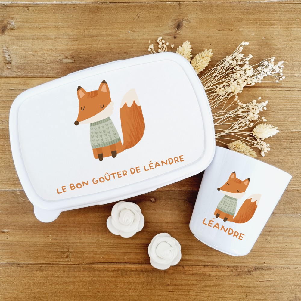 Set boite à goûter et gobelet personnalisable motif  renard roux Léandre - Sweet Chic Accessoires