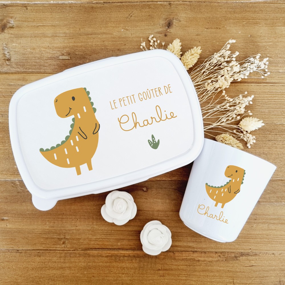 Set boite à goûter et gobelet personnalisable motif  tyrex Charlie - Sweet Chic Accessoires