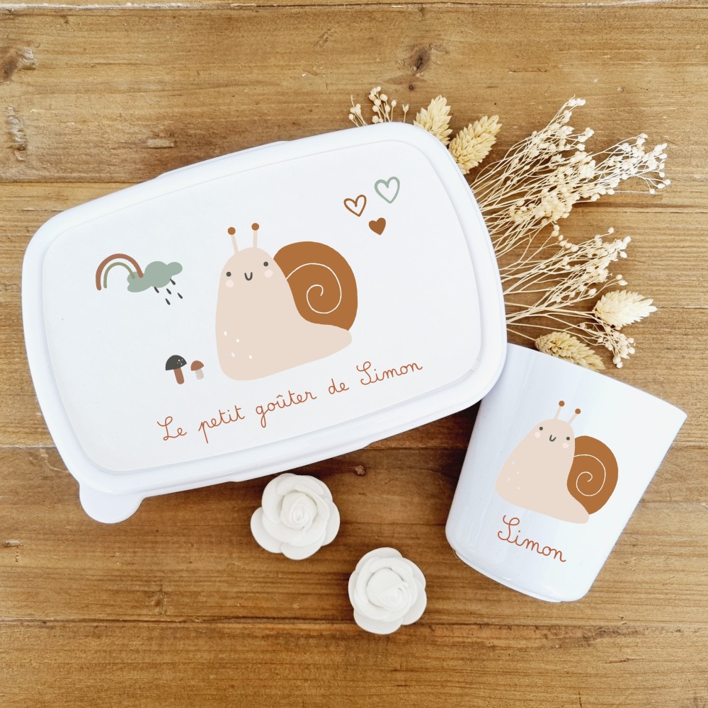 Set boite à goûter et gobelet personnalisable motif  escargot Simon - Sweet Chic Accessoires