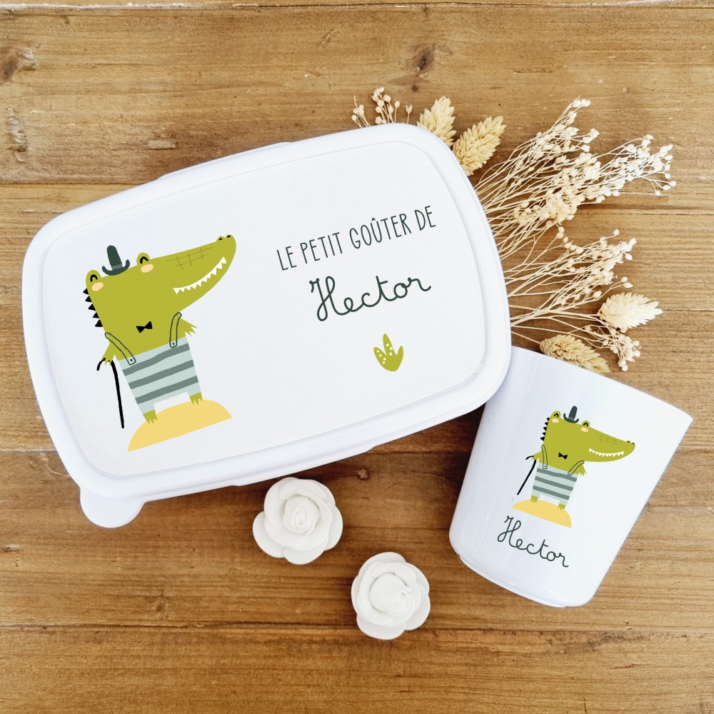Set boite à goûter et gobelet personnalisable motif  crocodile Hector - Sweet Chic Accessoires