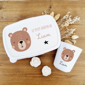 Set boite à goûter et gobelet personnalisable motif ours Liam - Sweet Chic Accessoires