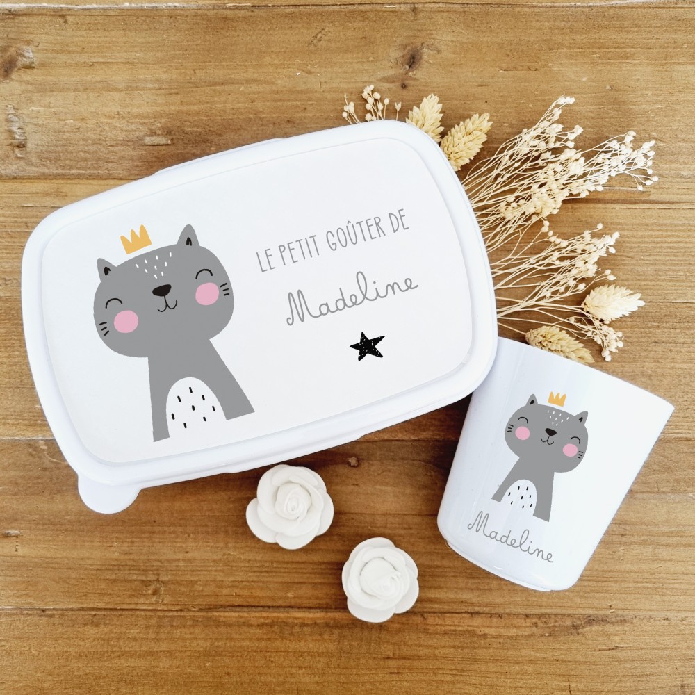 Set boite à goûter et gobelet personnalisable motif chat Madeline - Sweet Chic Accessoires