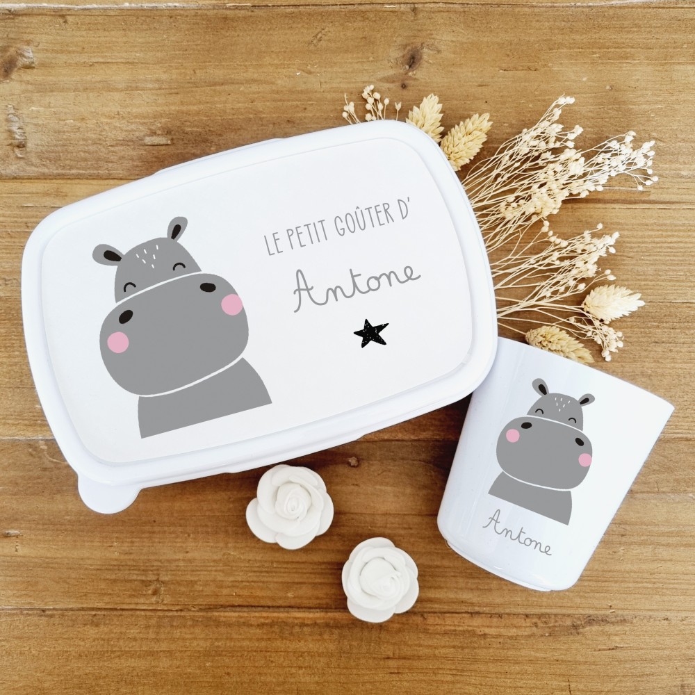 Set boite à goûter et gobelet personnalisable motif hippopotame - Sweet Chic Accessoires