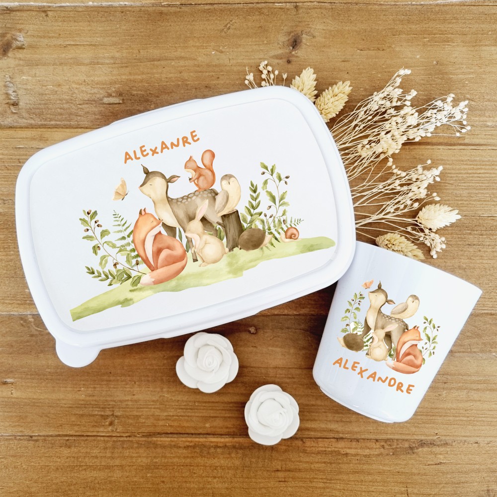 Set boite à goûter et gobelet personnalisable motif animaux de la forêt - Sweet Chic Accessoires