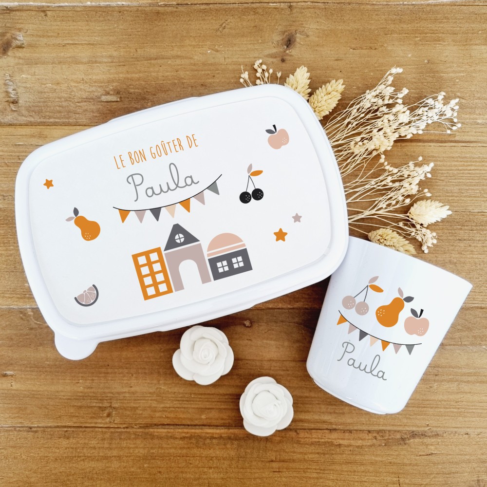 Set boite à goûter et gobelet personnalisable motif guirlande de fanions - Sweet Chic Accessoires