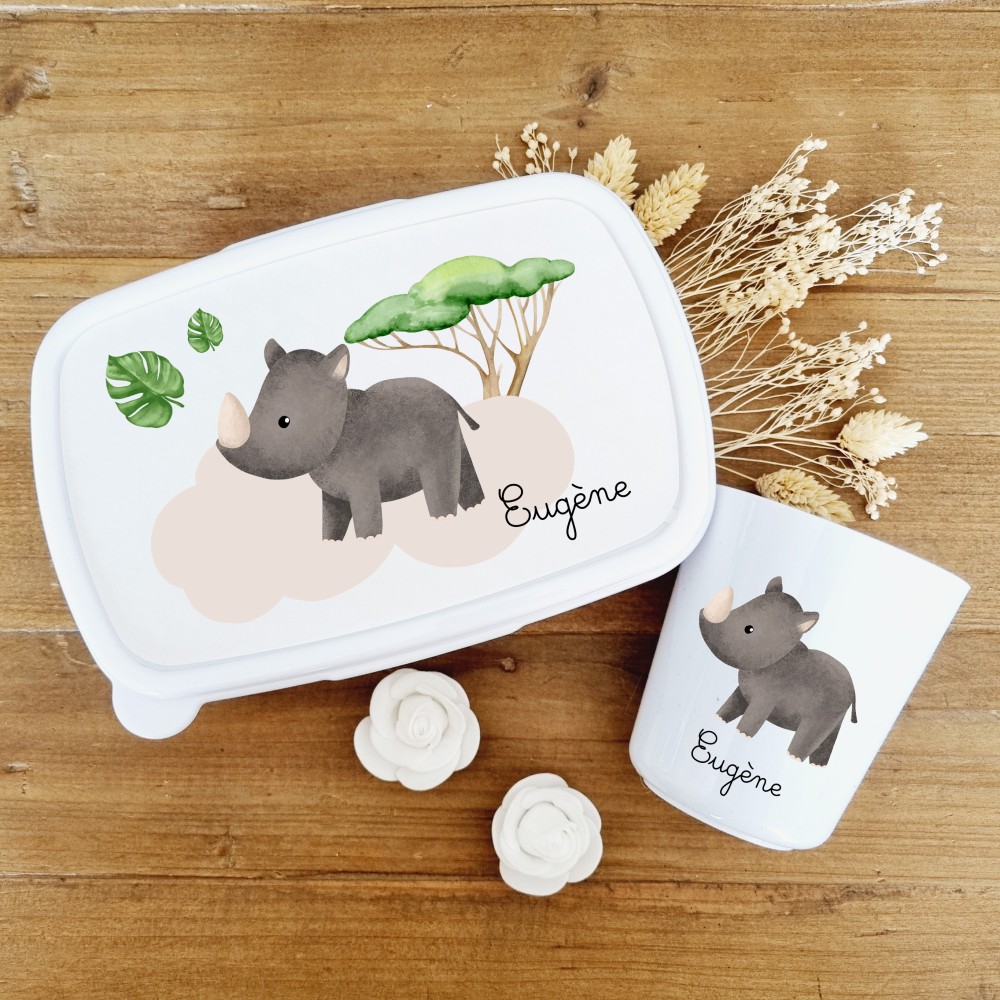 Set boite à goûter et gobelet personnalisable motif  rhinocéros - Sweet Chic Accessoires