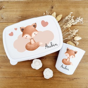 Set boite à goûter et gobelet personnalisable motif  renard sur nuages avec cœurs - Sweet Chic Accessoires
