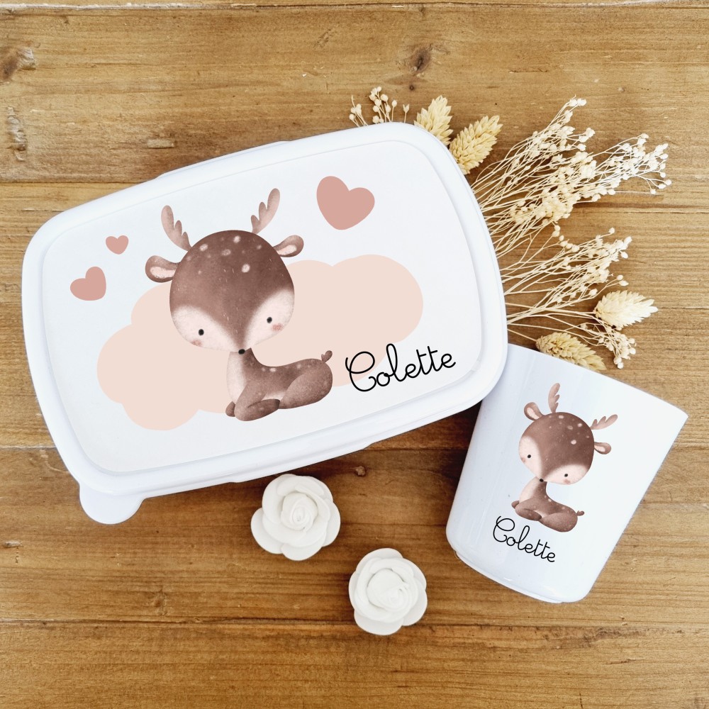 Set boite à goûter et gobelet personnalisable motif  biche sur nuage avec cœurs - Sweet Chic Accessoires
