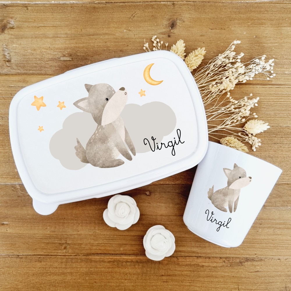 Set boite à goûter et gobelet personnalisable motif  loup sous la lune - Sweet Chic Accessoires