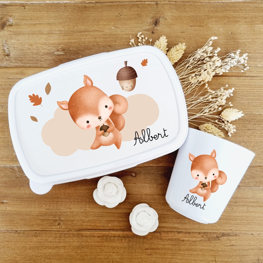 Set boite à goûter et gobelet personnalisable motif  écureuil - Sweet Chic Accessoires