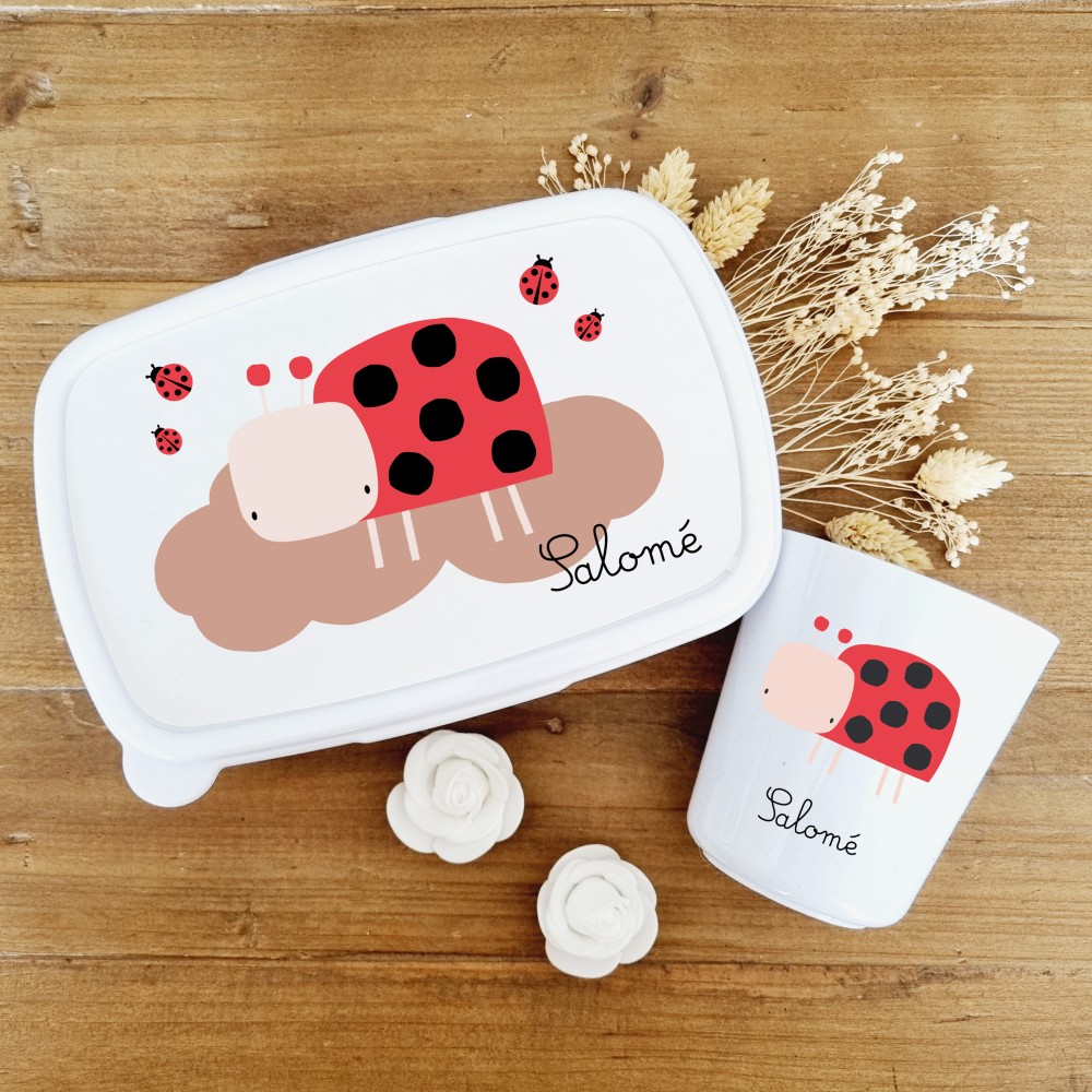 Set boite à goûter et gobelet personnalisable motif  coccinelle  - Sweet Chic Accessoires