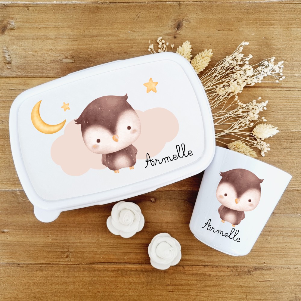 Set boite à goûter et gobelet personnalisable motif  chouette - Sweet Chic Accessoires