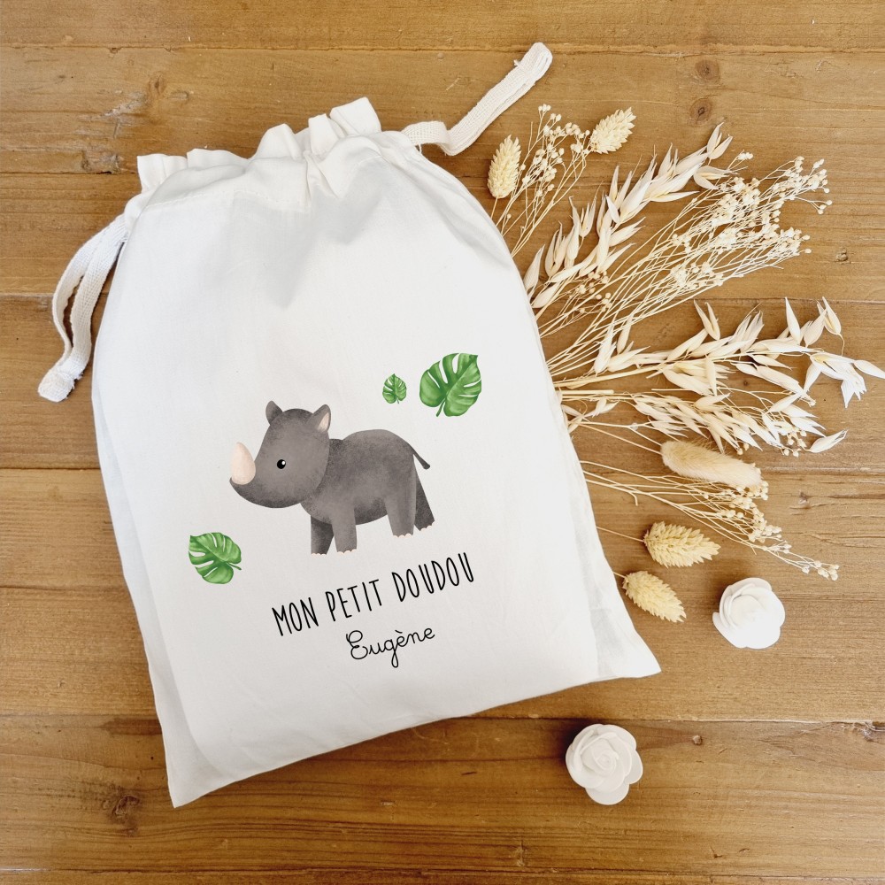 Pochon en coton enfant personnalisable motif rhinocéros - Sweet Chic Accessoires