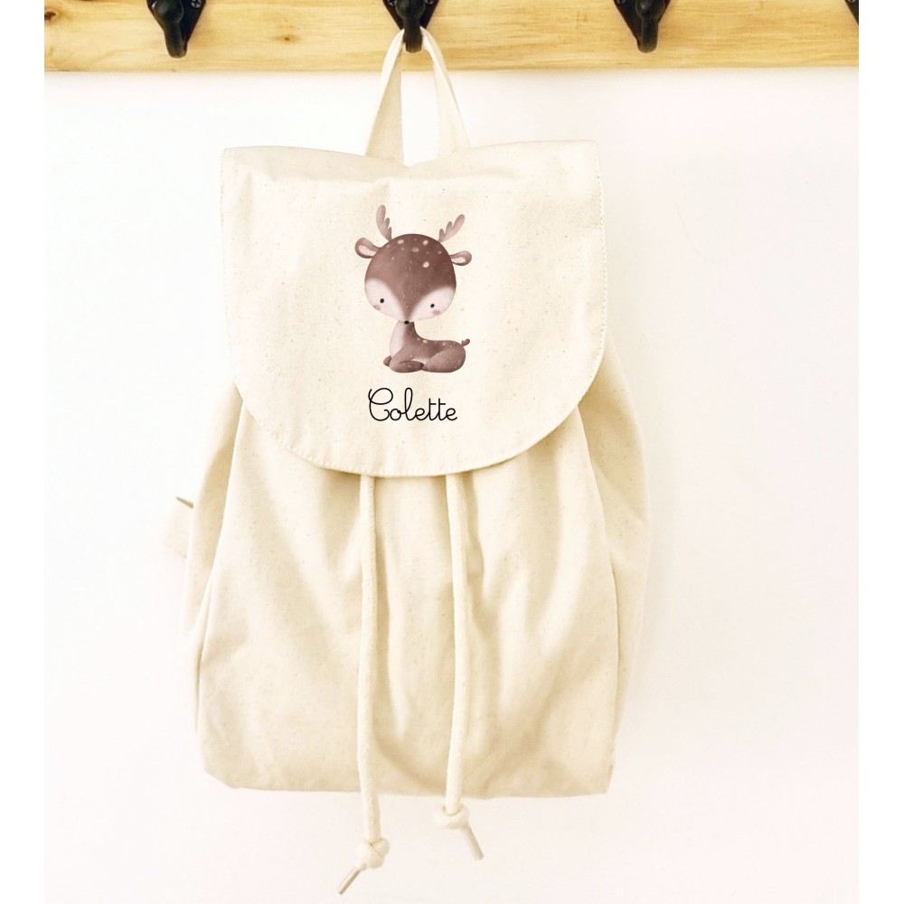 Sac à dos écru personnalisé en coton bio pour enfant motif biche Colette– Sweet Chic Accessoires