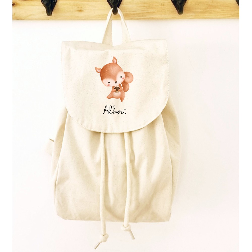 Sac à dos écru personnalisé en coton bio pour enfant motif écureuil et gland– Sweet Chic Accessoires