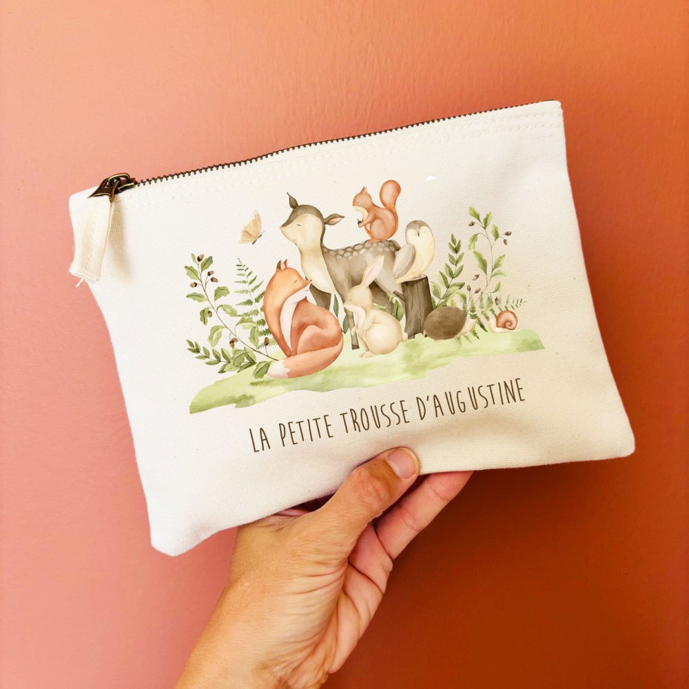 Trousse en coton écrue personnalisable motif Animaux de la forêt - Sweet Chic Accessoires