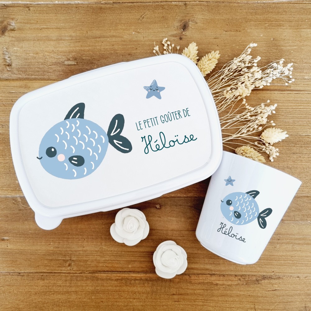 Set boite à goûter et gobelet personnalisable motif poisson - Sweet Chic Accessoires