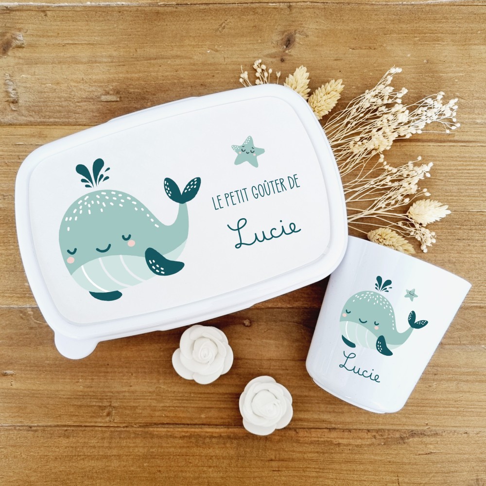 Set boite à goûter et gobelet personnalisable motif baleine - Sweet Chic Accessoires