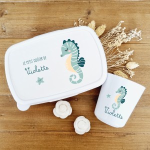 Set boite à goûter et gobelet personnalisable motif hippocampe - Sweet Chic Accessoires