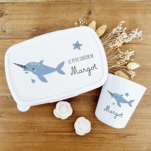 Set boite à goûter et gobelet personnalisable motif narval - Sweet Chic Accessoires