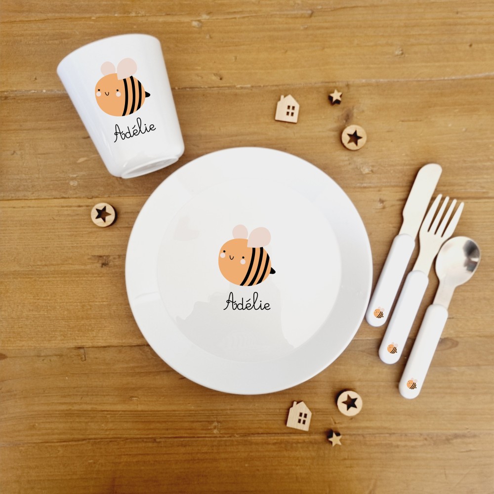 Kit vaisselle enfant personnalisable - assiette couverts et gobelet - motif abeille - Sweet Chic Accessoires